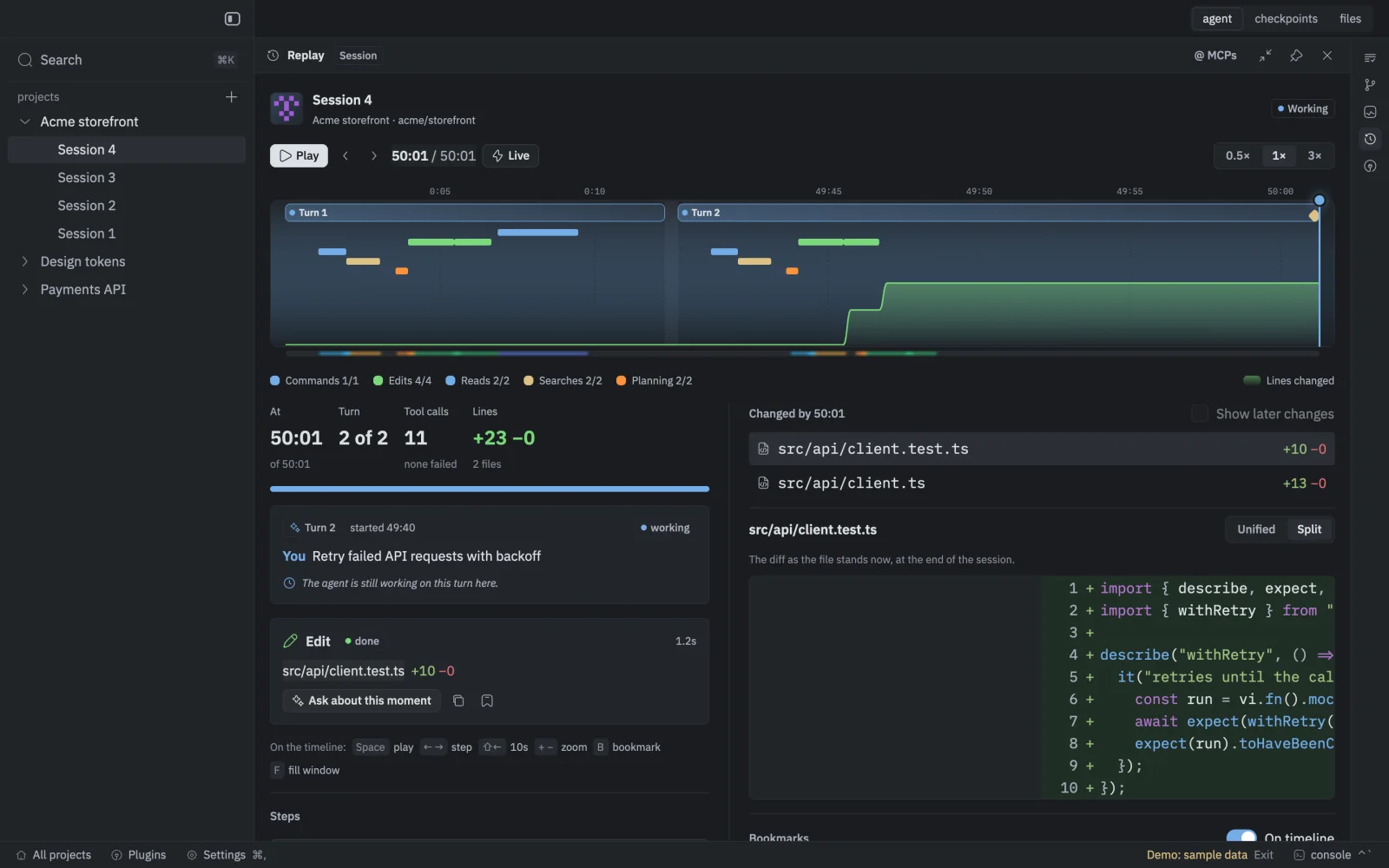 The Replay extension filling the window: a timeline of two turns with tool calls, lines changed over time, and the diff as of the playhead.